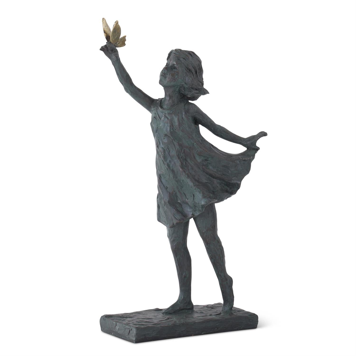 Faux Bronze Resin Girl with Gold Butterfly Statue