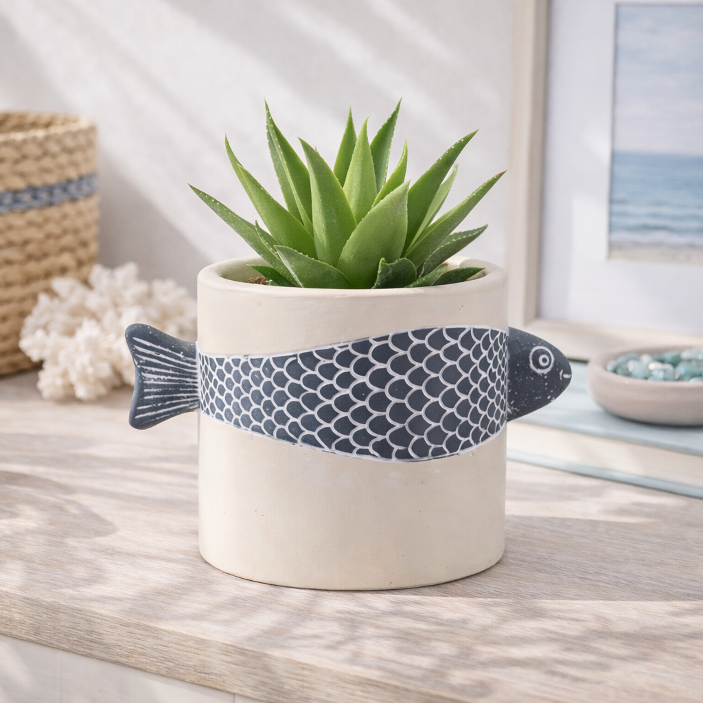 3-D Blue/White Fish Planter